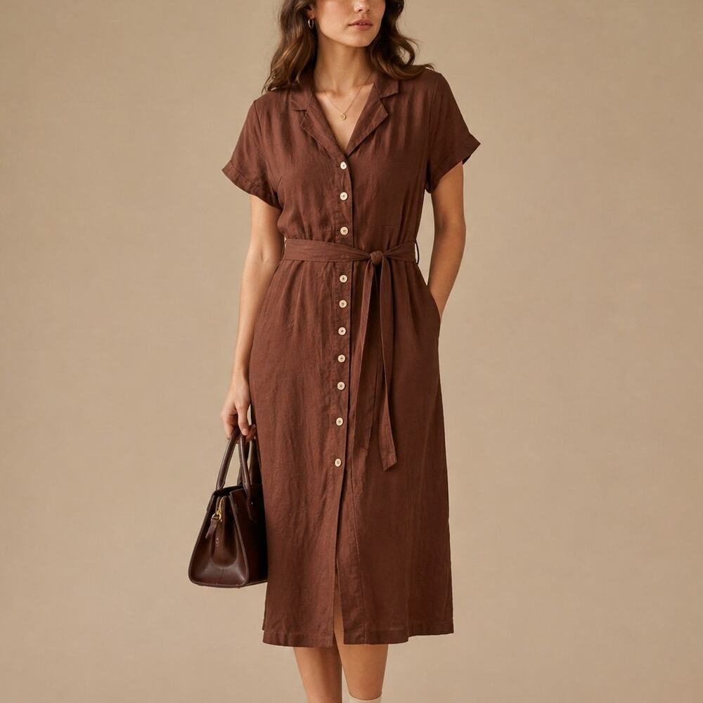 Quince Linen Button Front Belted Midi Shirt Dress Size M Brown Preppy Capsule
